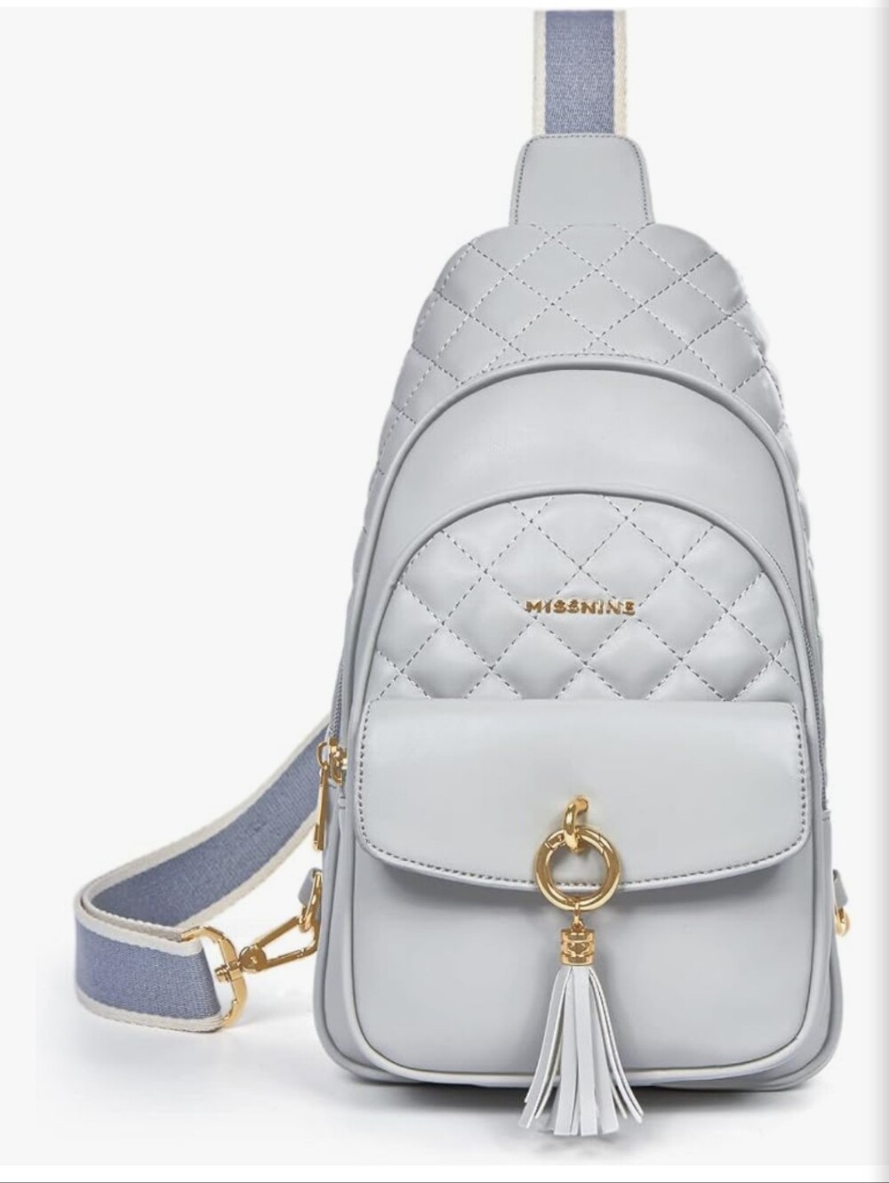 Missnine Gray Quilted Vegan Leather Crossbody Chest Sling Bag Backpack w/Tassel
